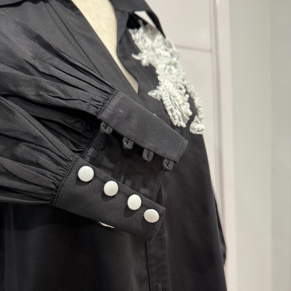 GIZIA Belted Embroidery Detailed Voluminous Sleeve Black Blouse, Size 38 - Picture 14 of 17